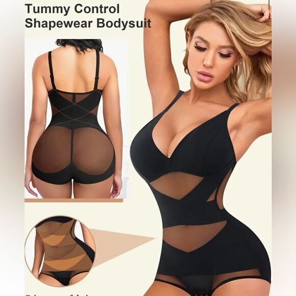 V-Neck Bodysuit Tummy Control Mesh Cross Slim Belly Body Shaper Waist Trainer - Picture 2 of 16